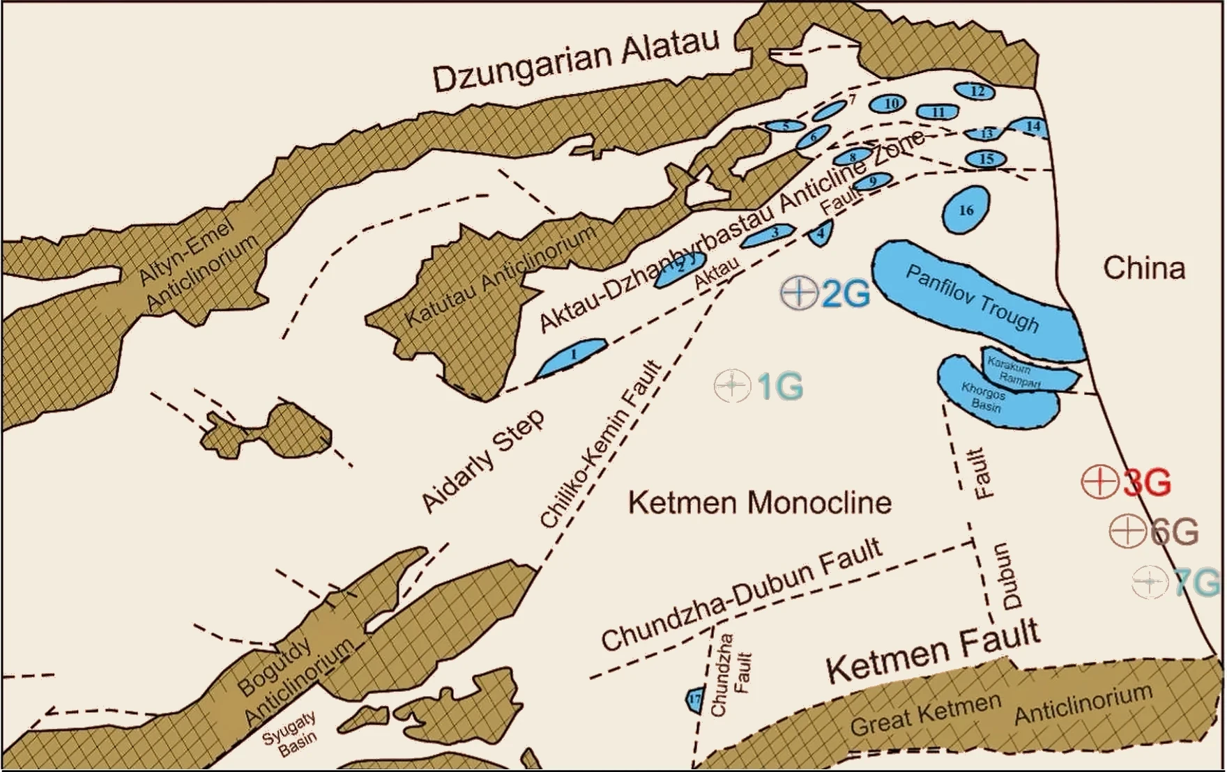 Tectonic scheme of the Zharkent Trough showing the Panfilov Trough, the Khorgos Basin, the Chinese border and exploratory wells 1G, 2G, 3G, 6G and 7G